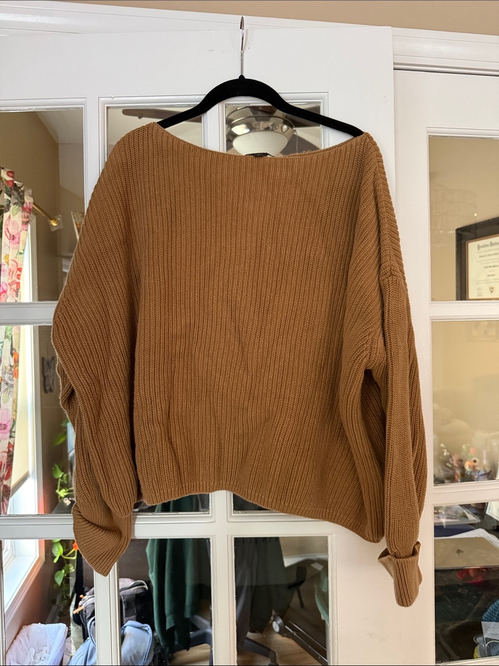 French Connection Camel Brown Off-the-Shoulder Ribbed Sweater